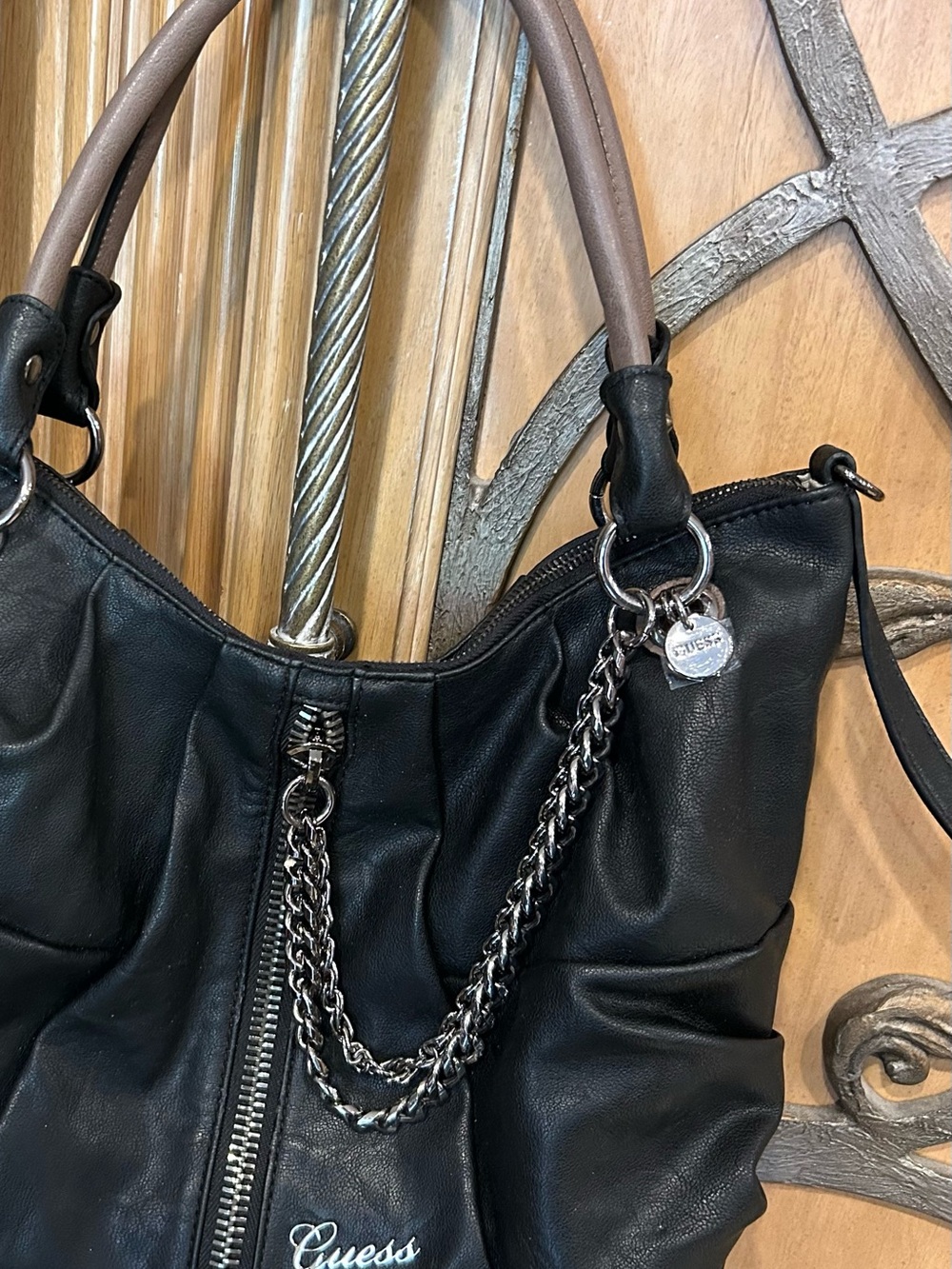 GUESS Black Shoulder Bag /Chain and Taupe Handles